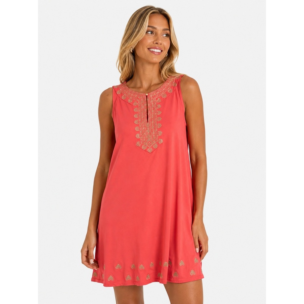 NWOT Cabana Life Coral Metallic Sleeveless Resort Costal Mini Dress L